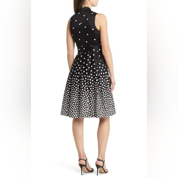 AnneKlein Cotton Fit Flare Faux Wrap Black White Polka Dot Midi Dress Us6 Medium - Picture 8 of 13